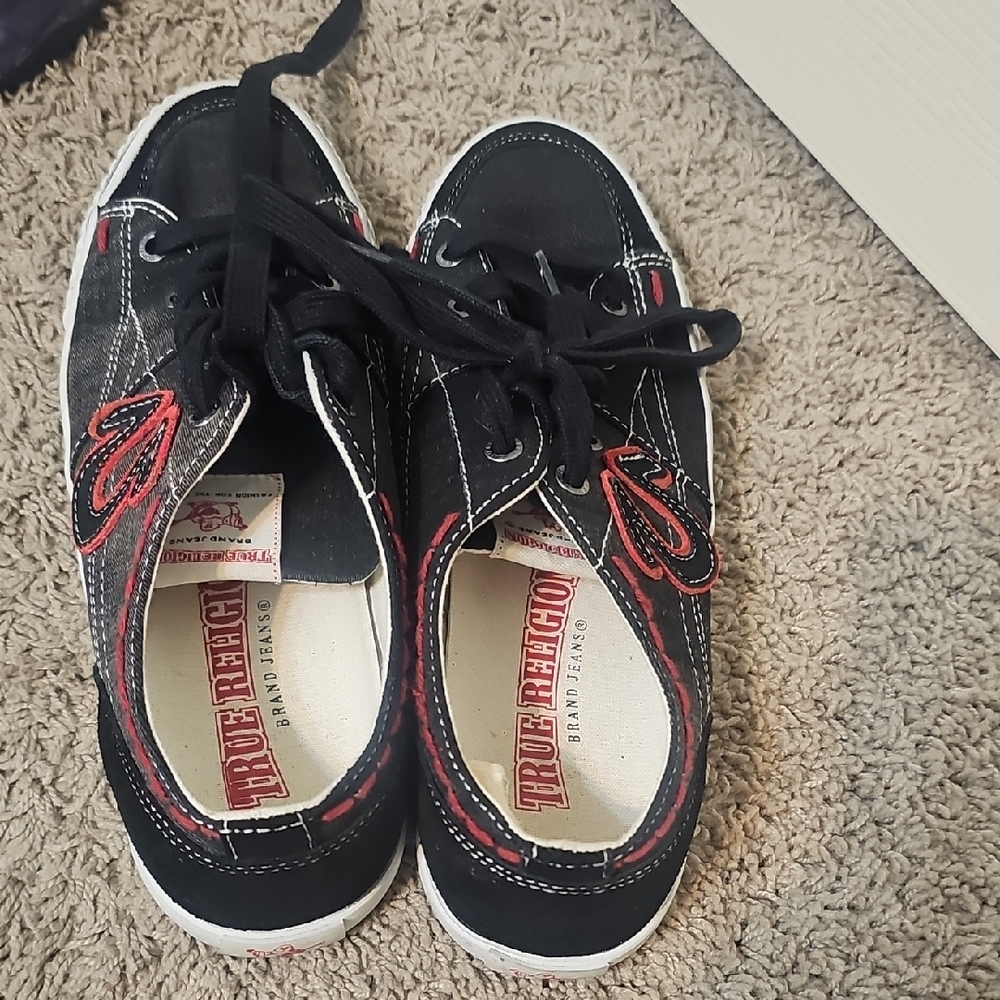 True Religion Black and Red Men's Sneakers, Fabric + Suede